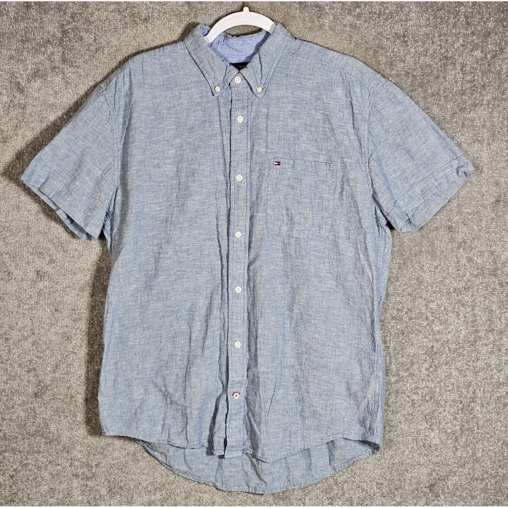 Tommy Hilfiger Linen Blend‎ Button Down Shirt Mens Sz XL Blue Regular Fit Pocket
